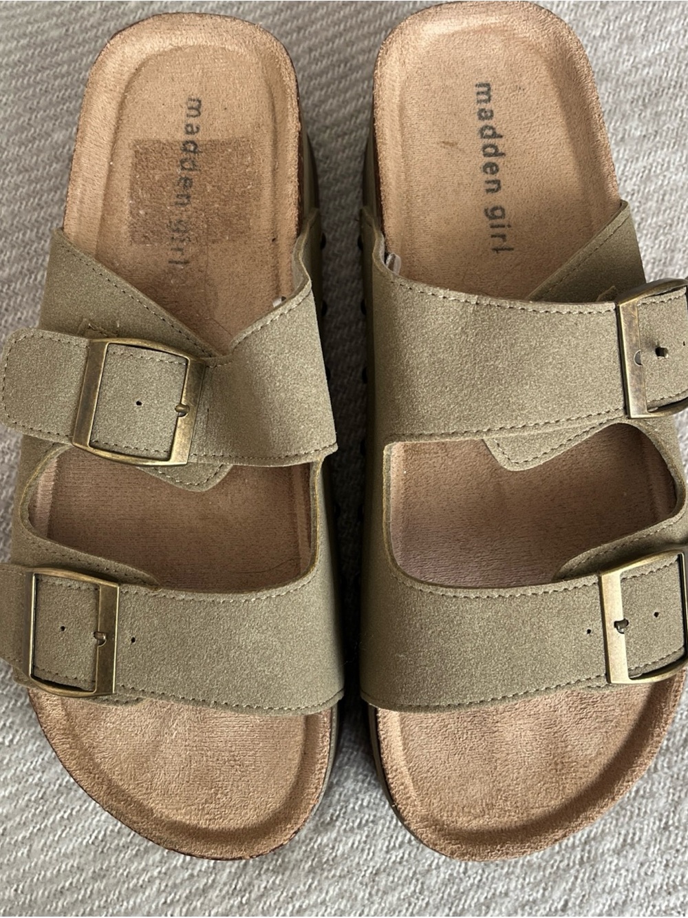 Madden Girl Women's Babes Double Buckle Slide Platform Sandals Beige Size 11 Y2K